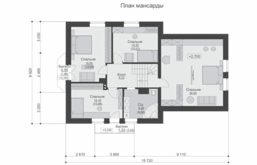 Одноэтажный дом с мансардой, гаражом и 2 балконами